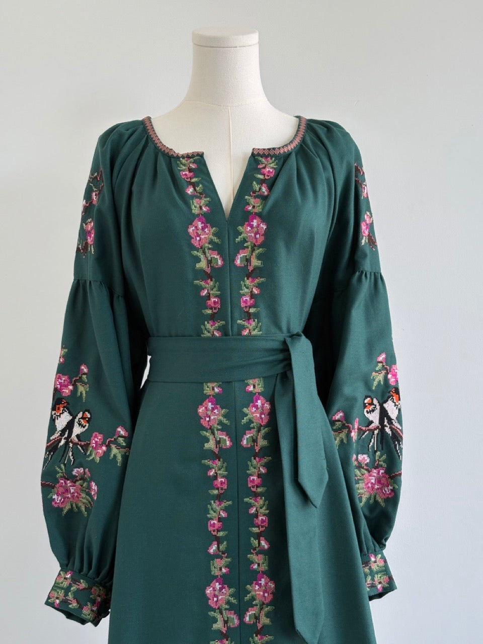 Long Dark Green Embroidered Dress with Pink Flowers and Swallows