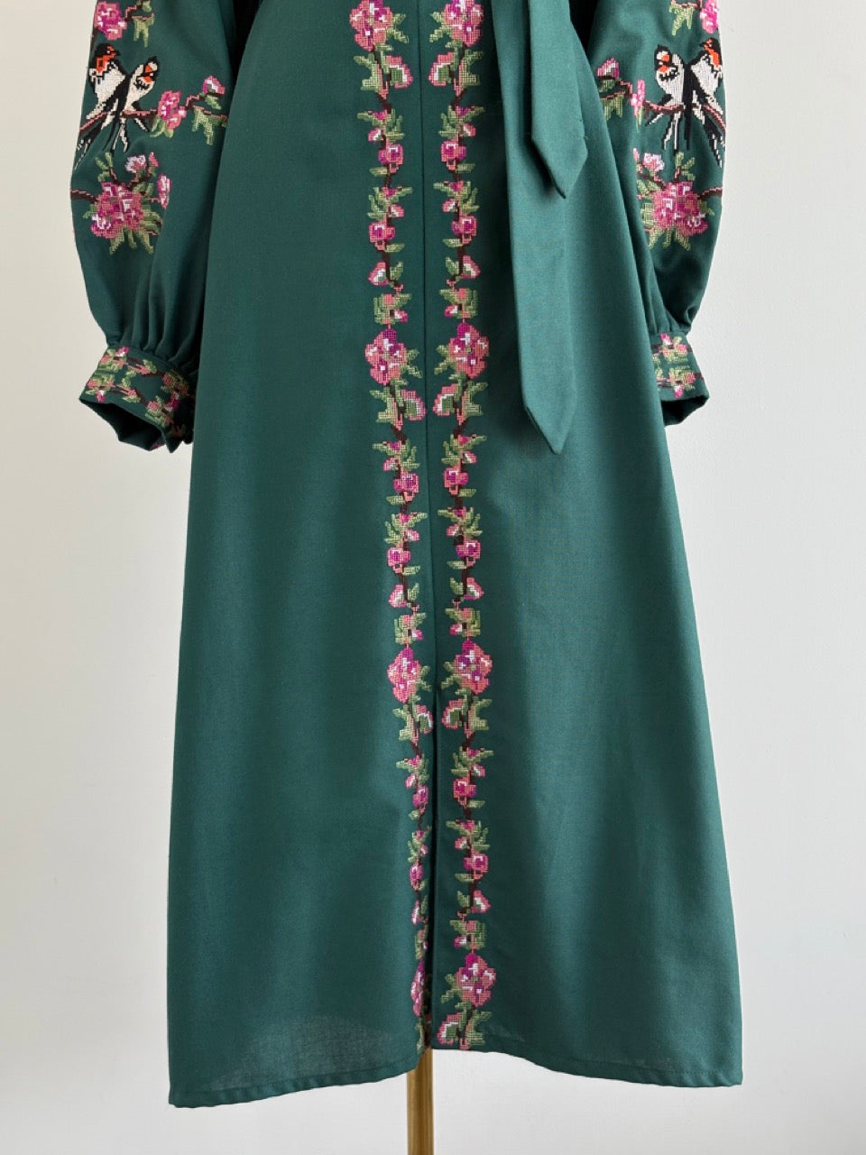 Long Dark Green Embroidered Dress with Pink Flowers and Swallows
