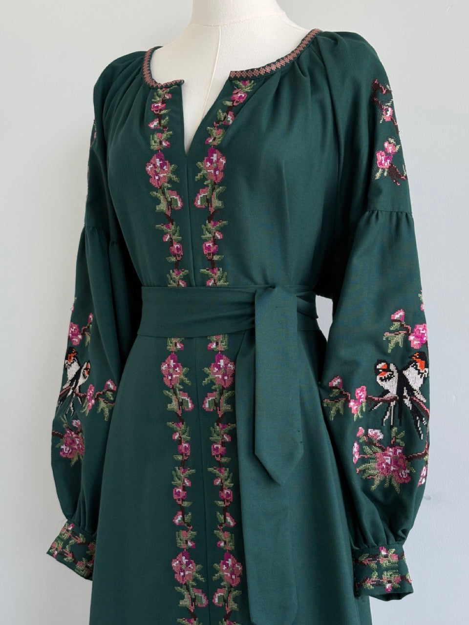 Long Dark Green Embroidered Dress with Pink Flowers and Swallows