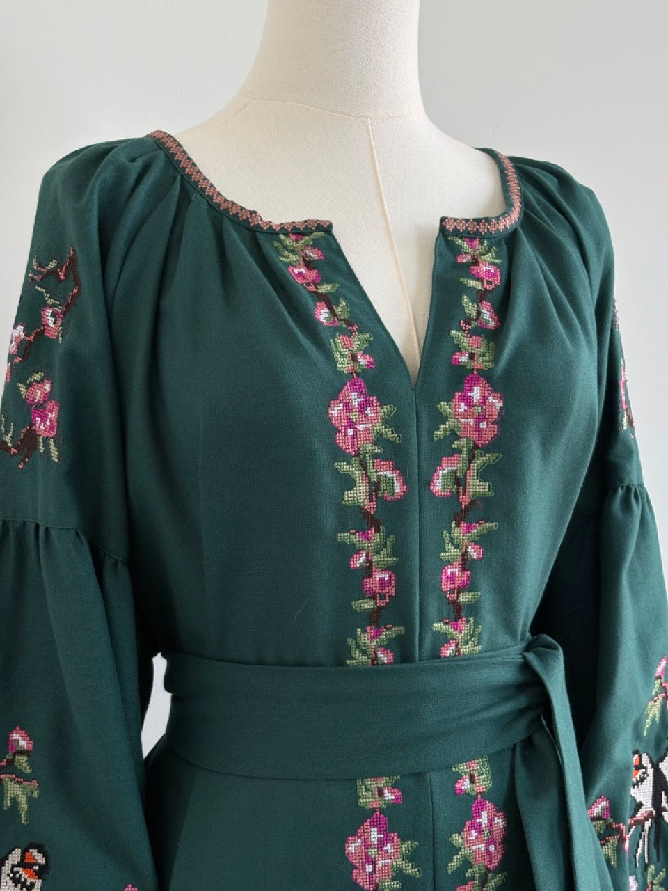 Long Dark Green Embroidered Dress with Pink Flowers and Swallows