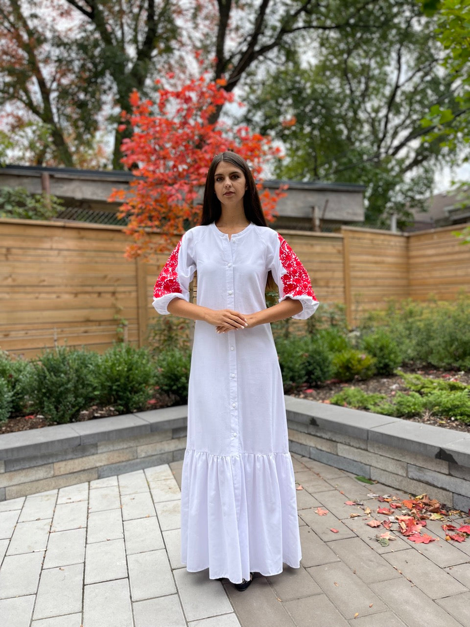 The Long White Ukrainian Dress with Floral Embroidery