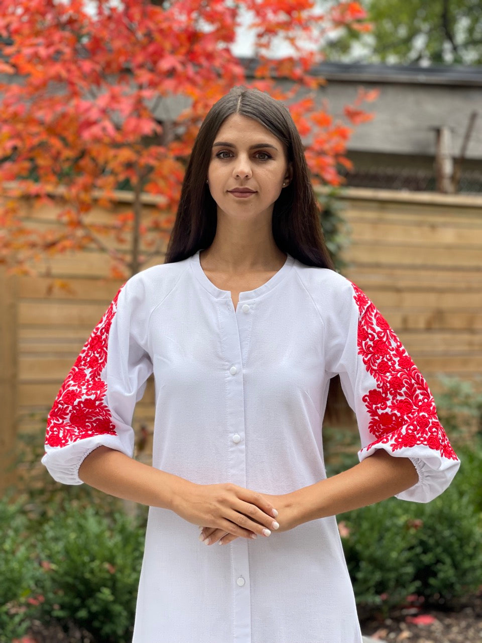 The Long White Ukrainian Dress with Floral Embroidery