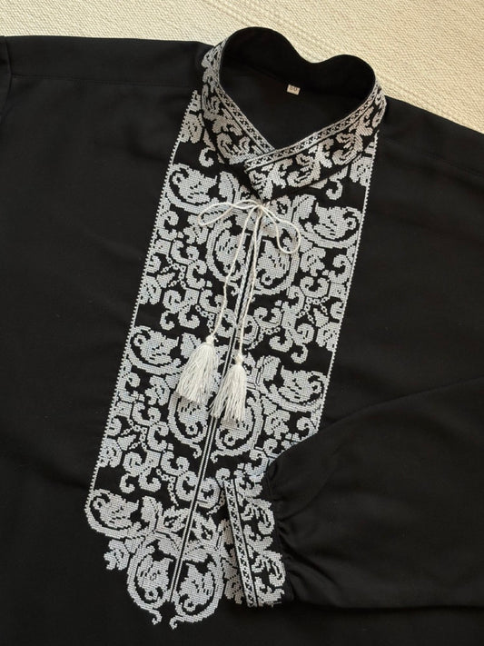 Black Men's Vyshyvanka with White Embroidery