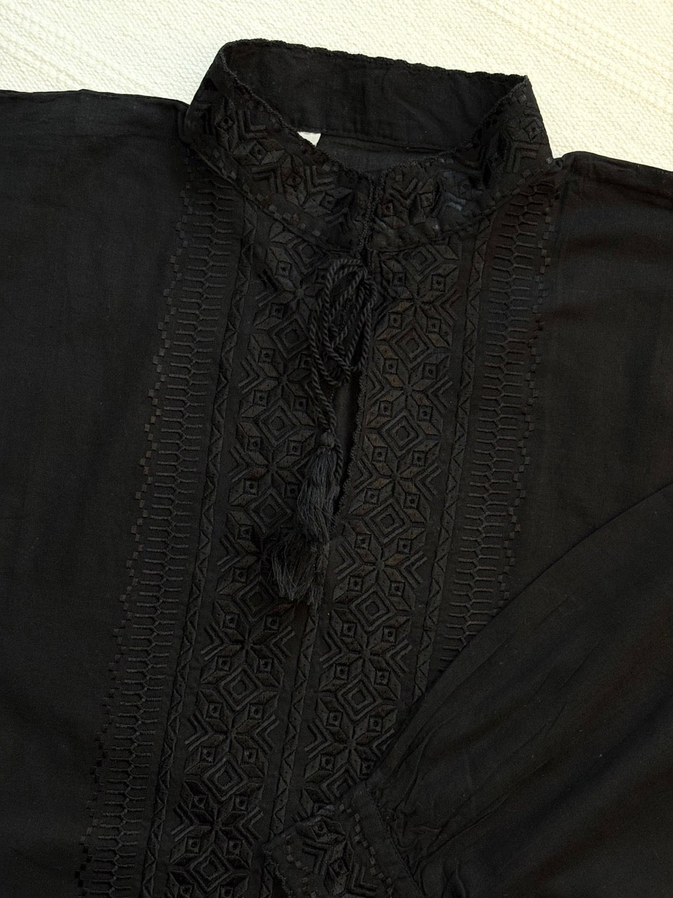 Black Batiste Men's Shirt with Black Embroidery