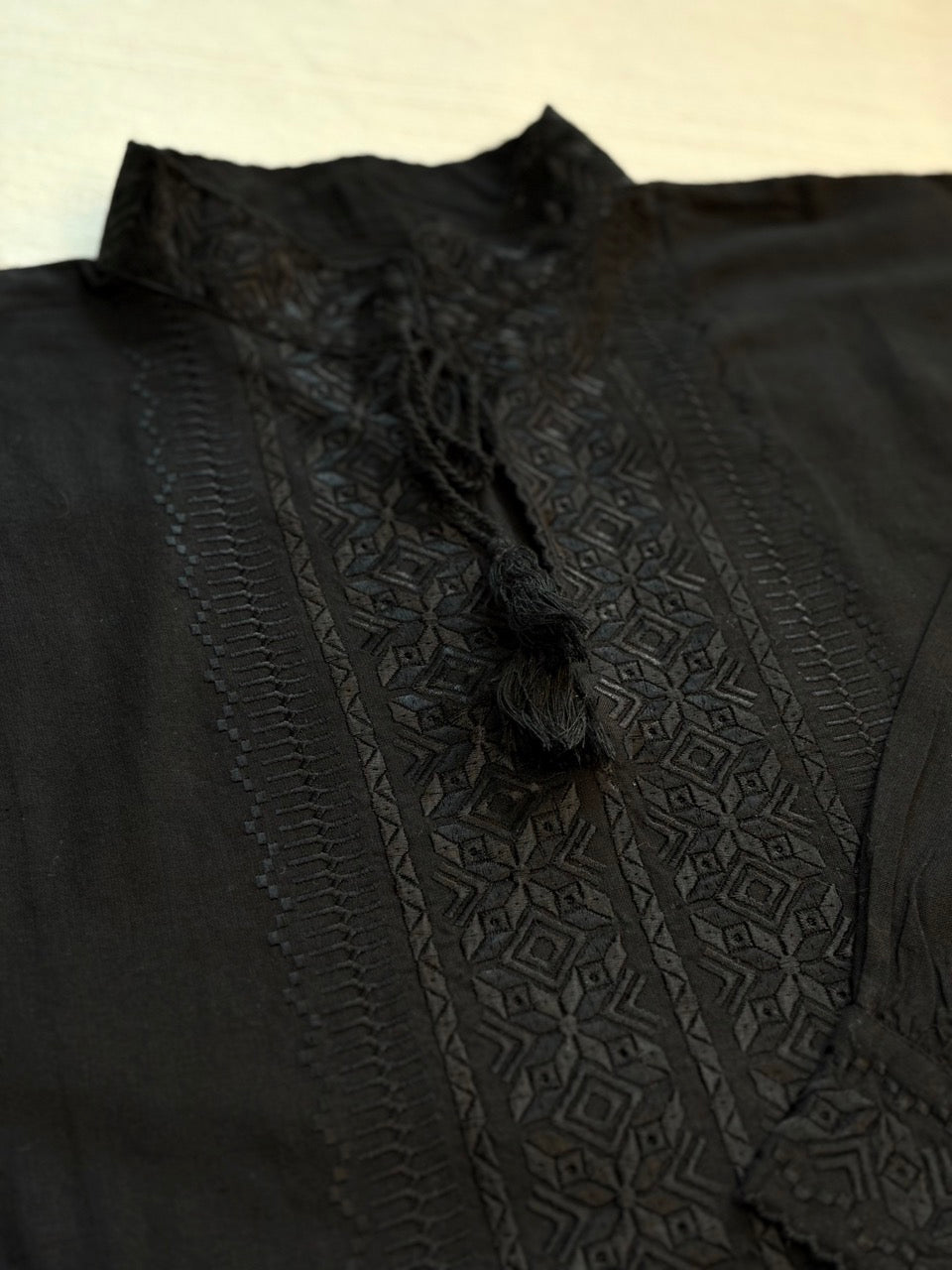 Black Batiste Men's Shirt with Black Embroidery
