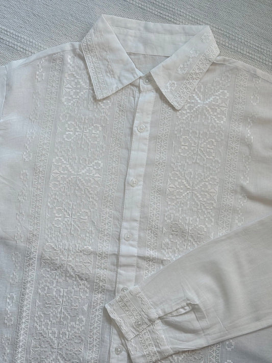 White Batiste Men's Shirt with White Embroidery