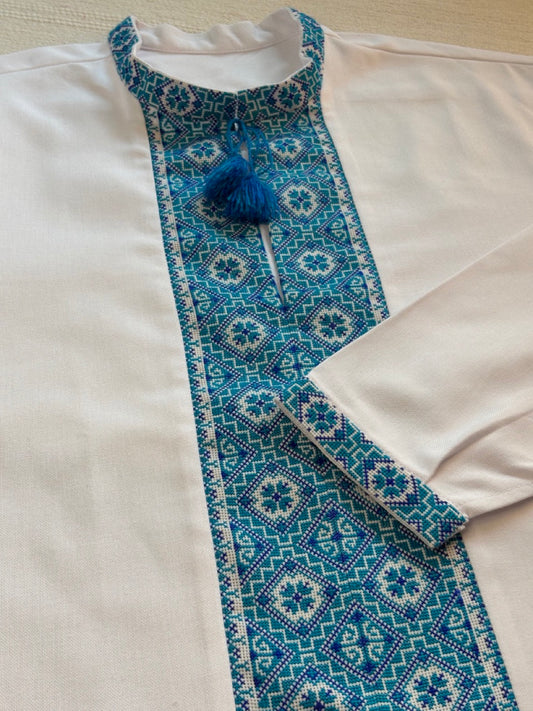 White Men's Vyshyvanka with Blue Hand Embroidery