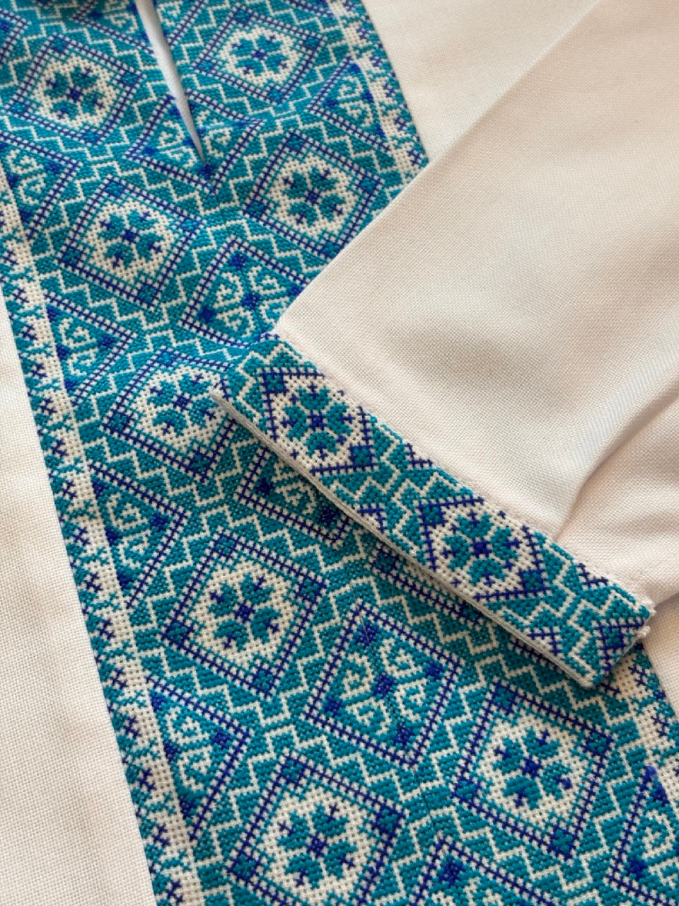White Men's Vyshyvanka with Blue Hand Embroidery