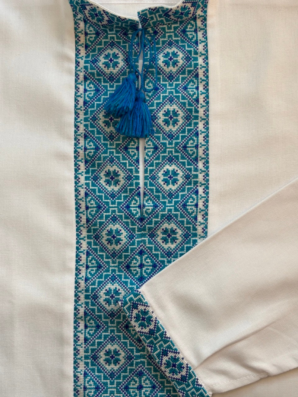 White Men's Vyshyvanka with Blue Hand Embroidery