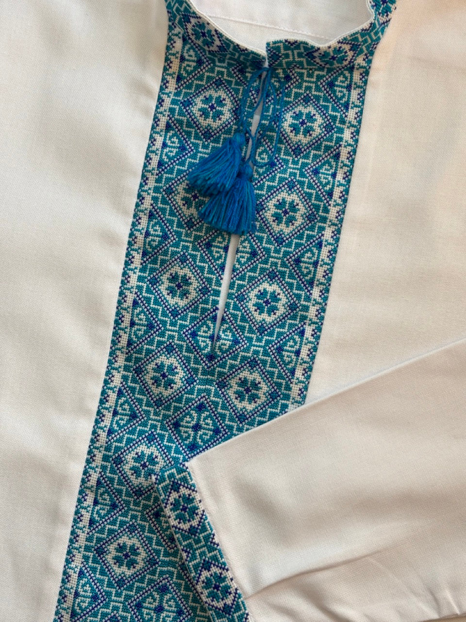 White Men's Vyshyvanka with Blue Hand Embroidery