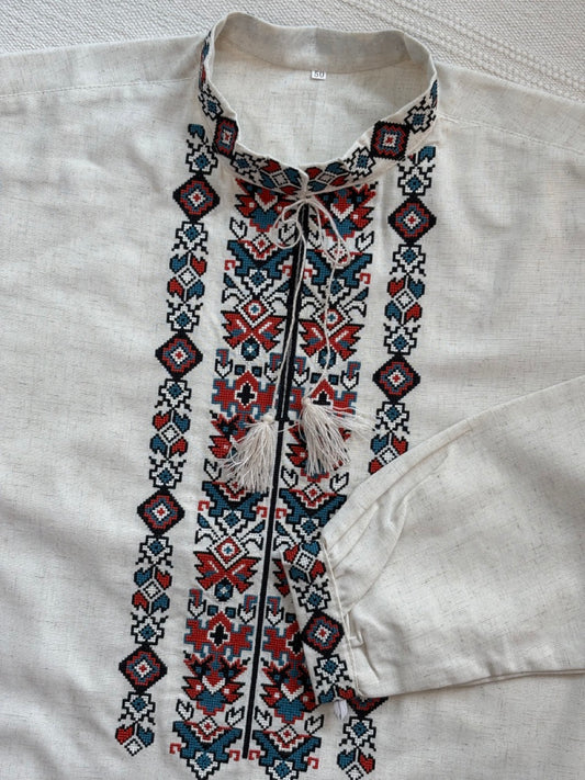 Beige Linen Men's Shirt with Colorful Embroidery