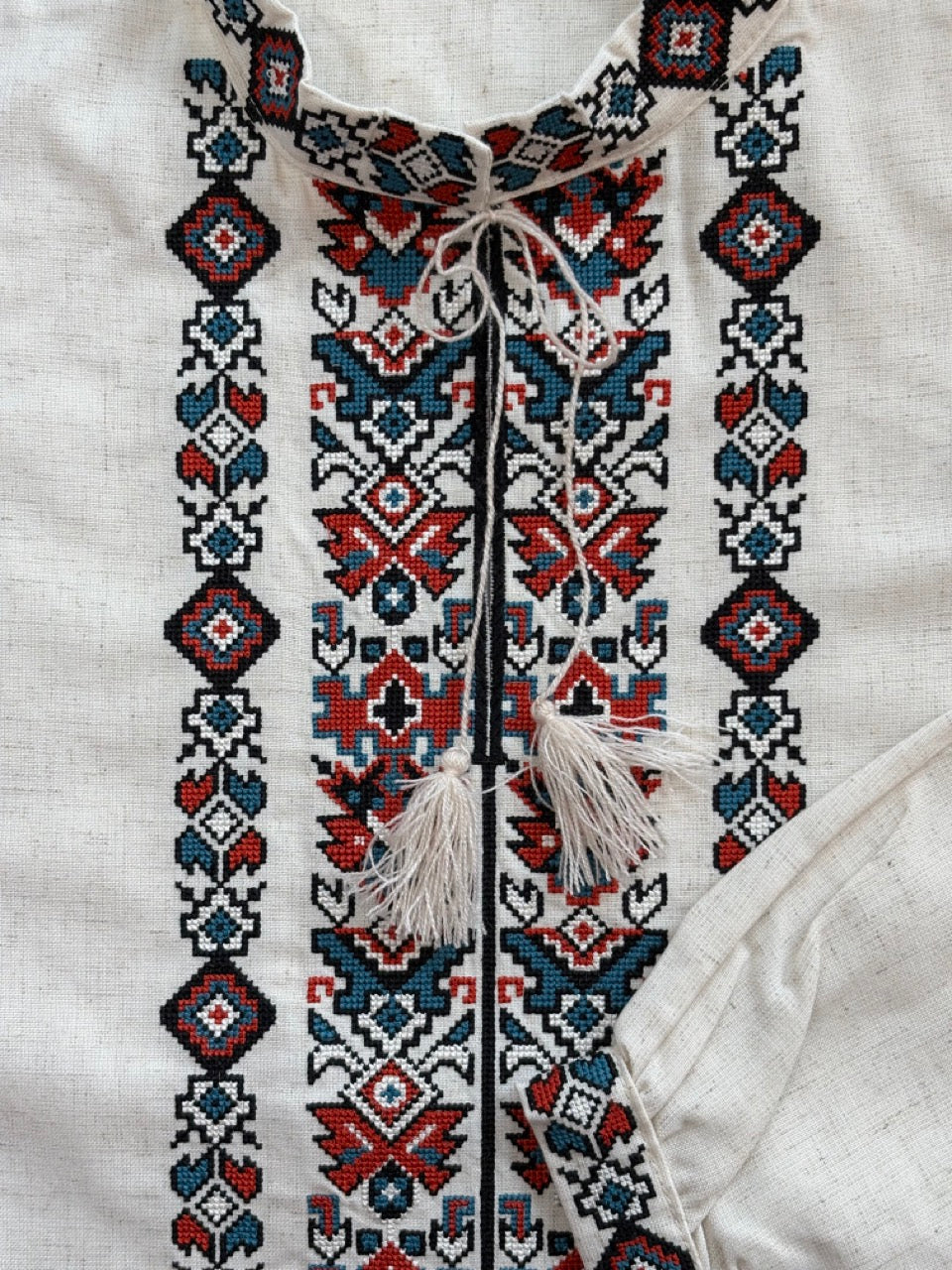 Beige Linen Men's Shirt with Colorful Embroidery