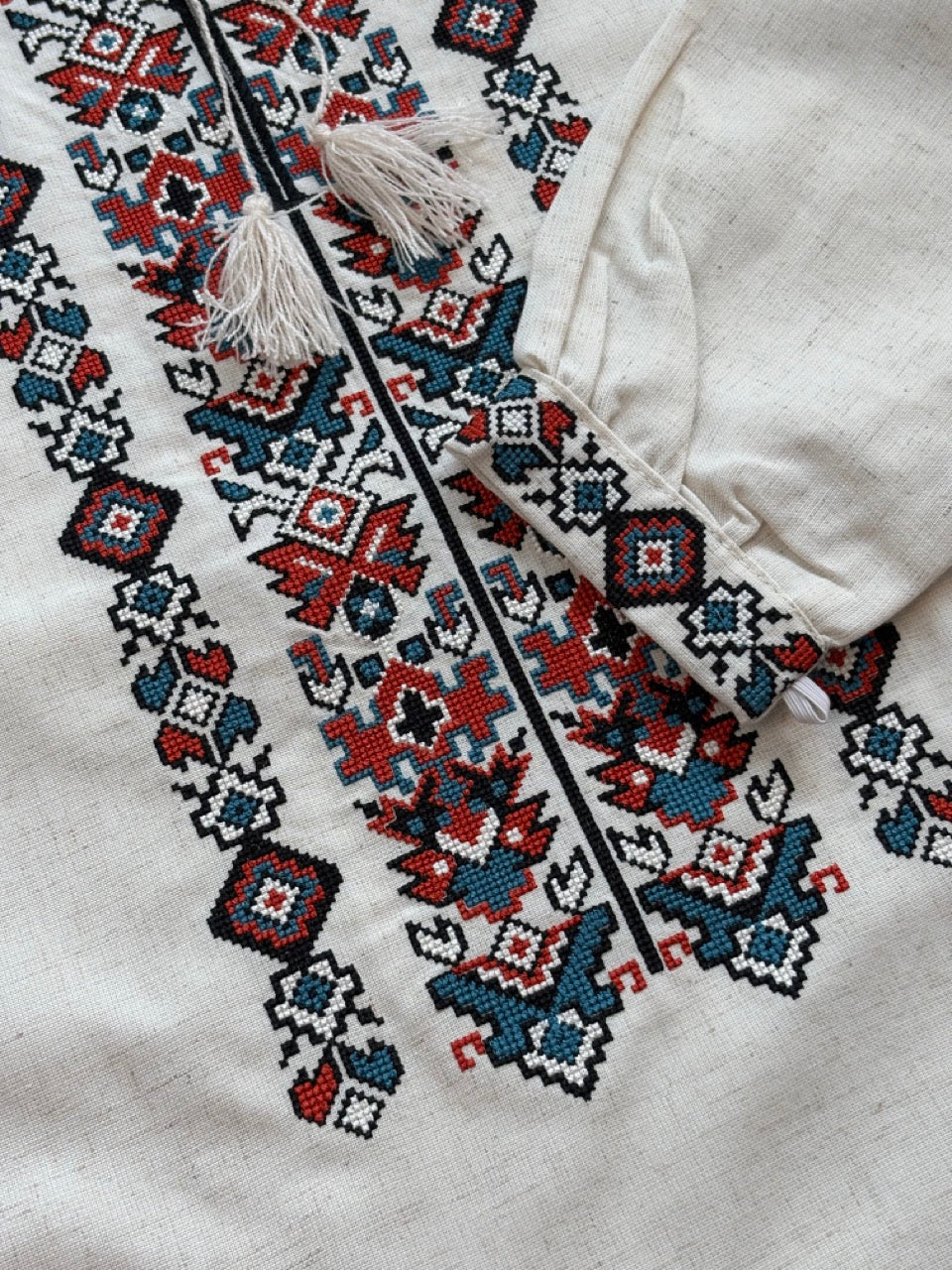 Beige Linen Men's Shirt with Colorful Embroidery