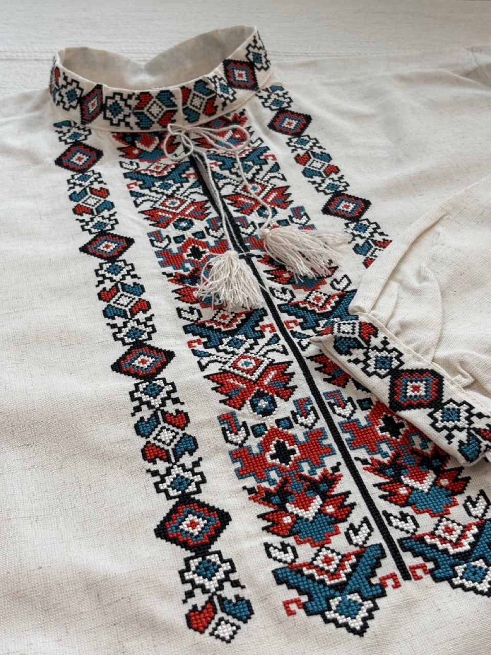 Beige Linen Men's Shirt with Colorful Embroidery