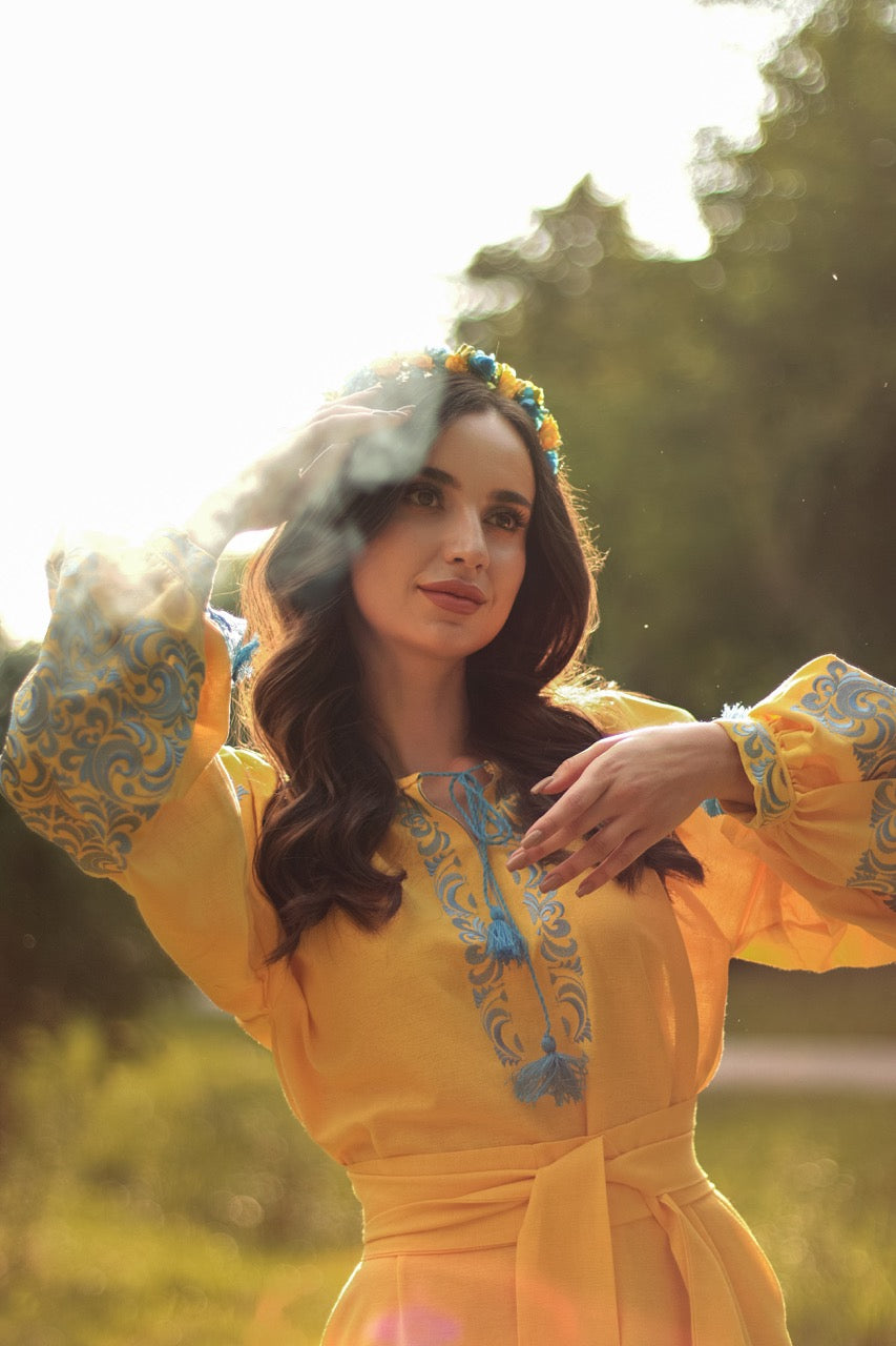 The Long Yellow Dress with Blue Embroidery