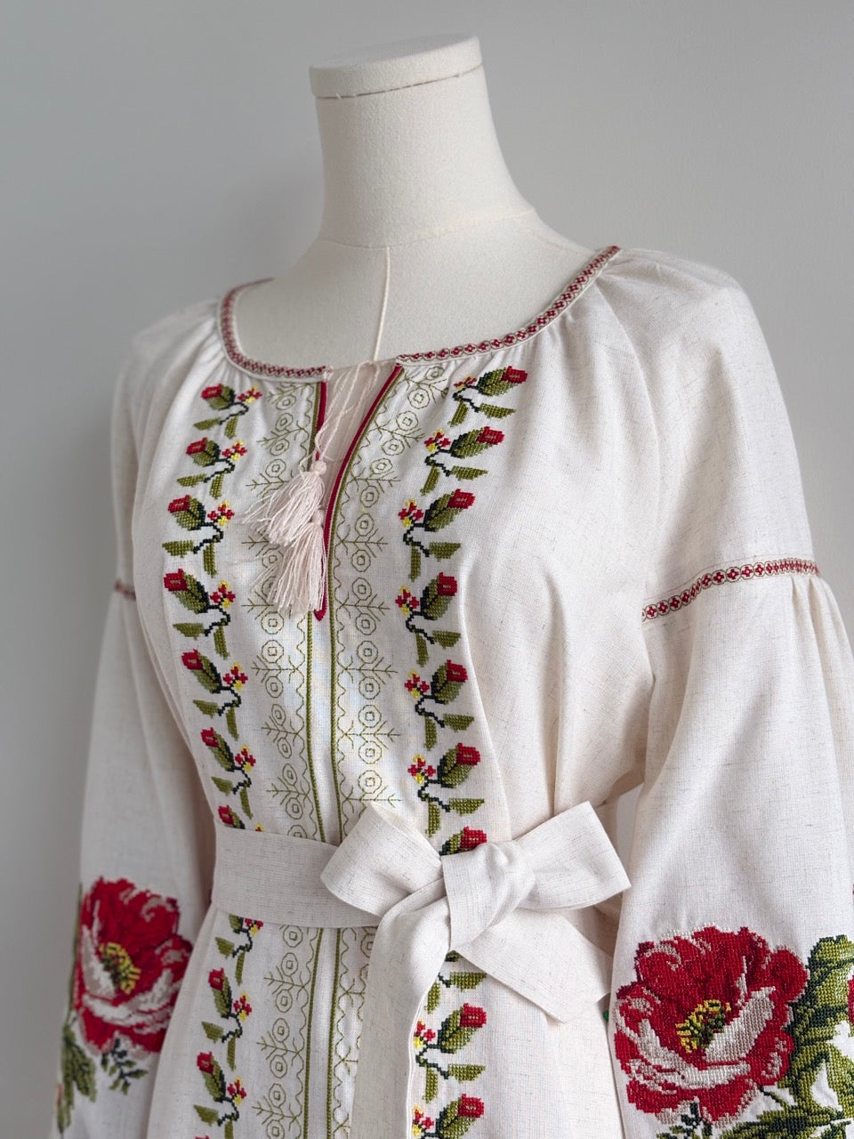 Linen Embroidered Midi Dress with Flowers
