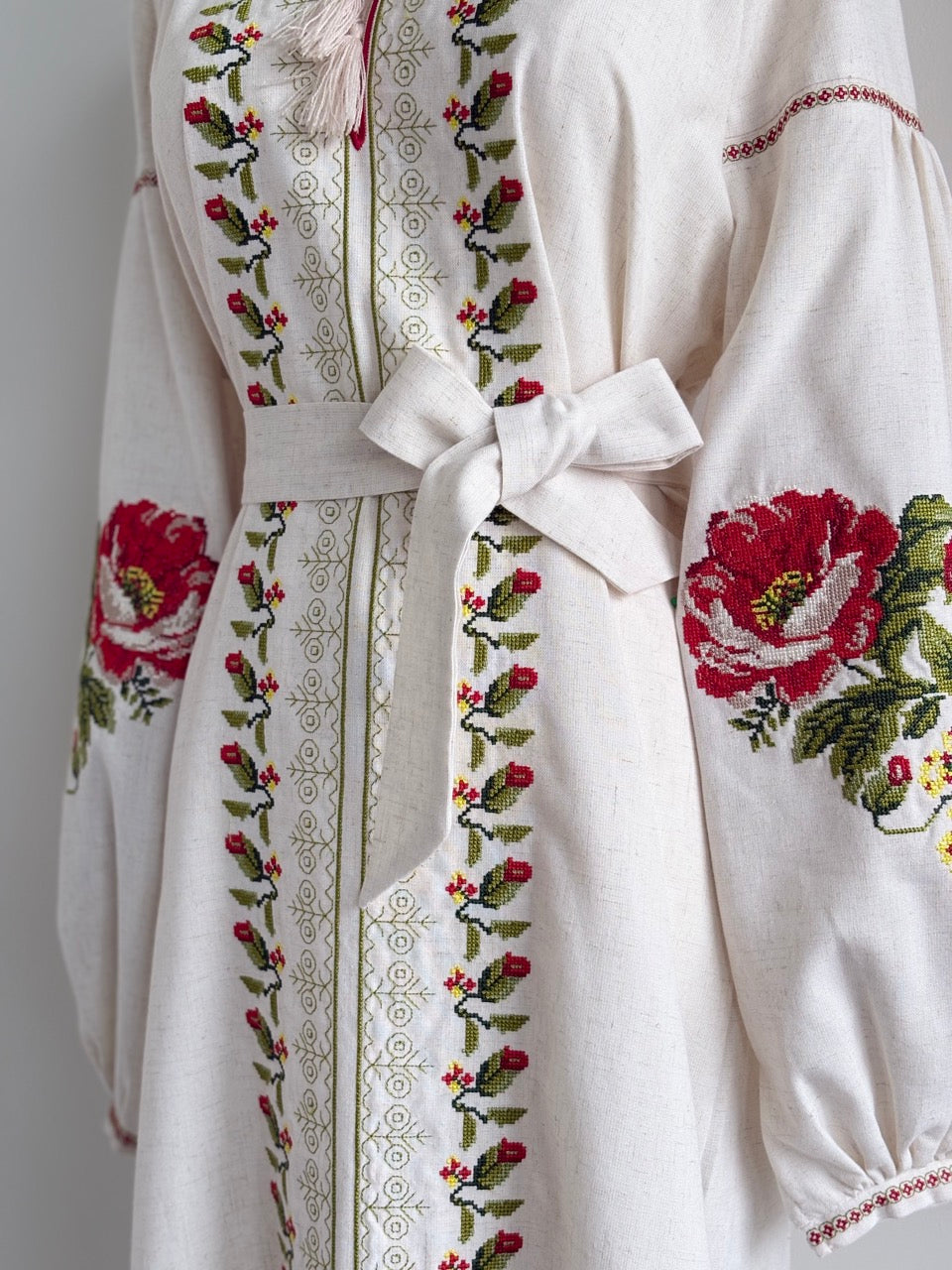Linen Embroidered Midi Dress with Flowers