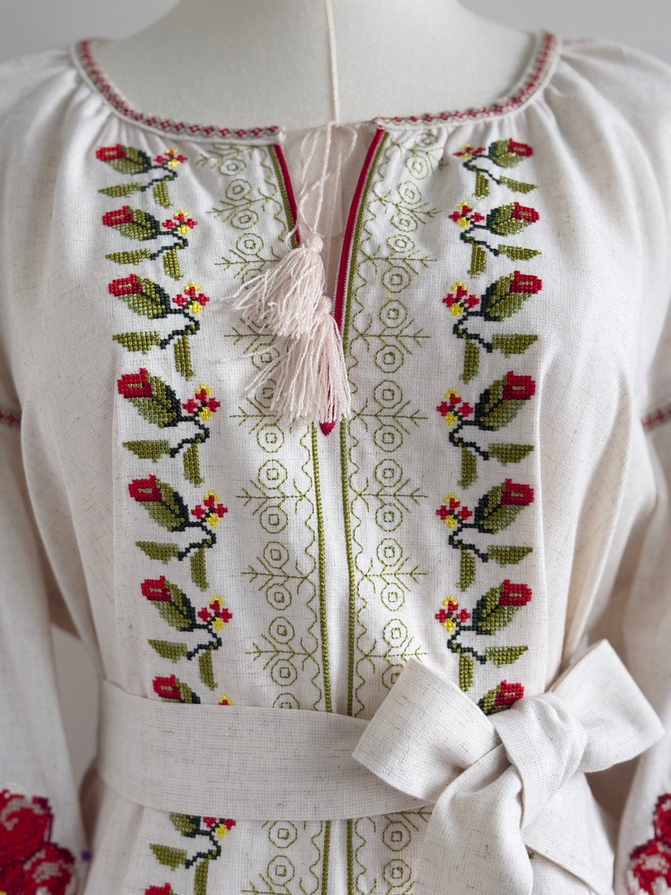 Linen Embroidered Midi Dress with Flowers