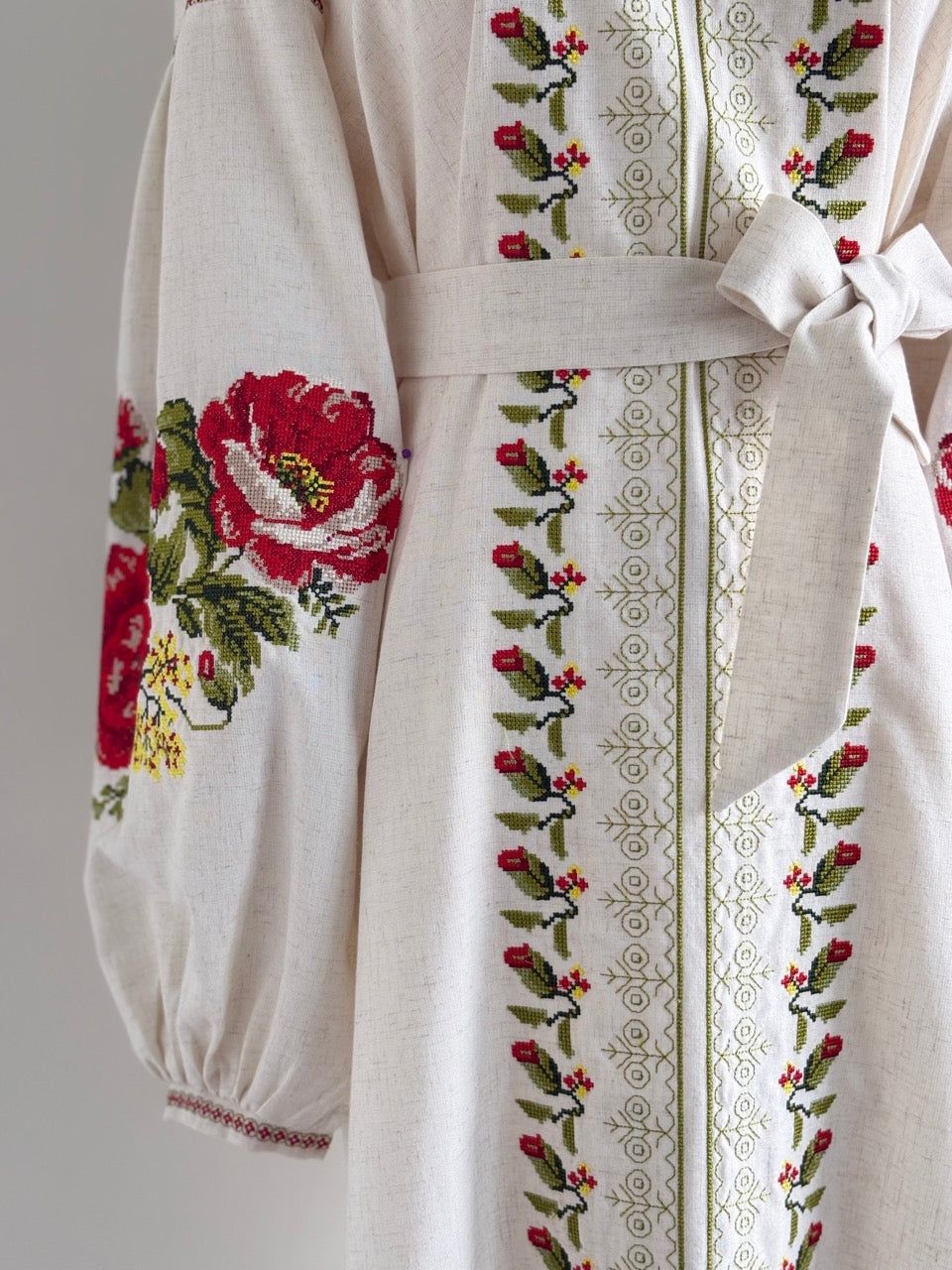 Linen Embroidered Midi Dress with Flowers