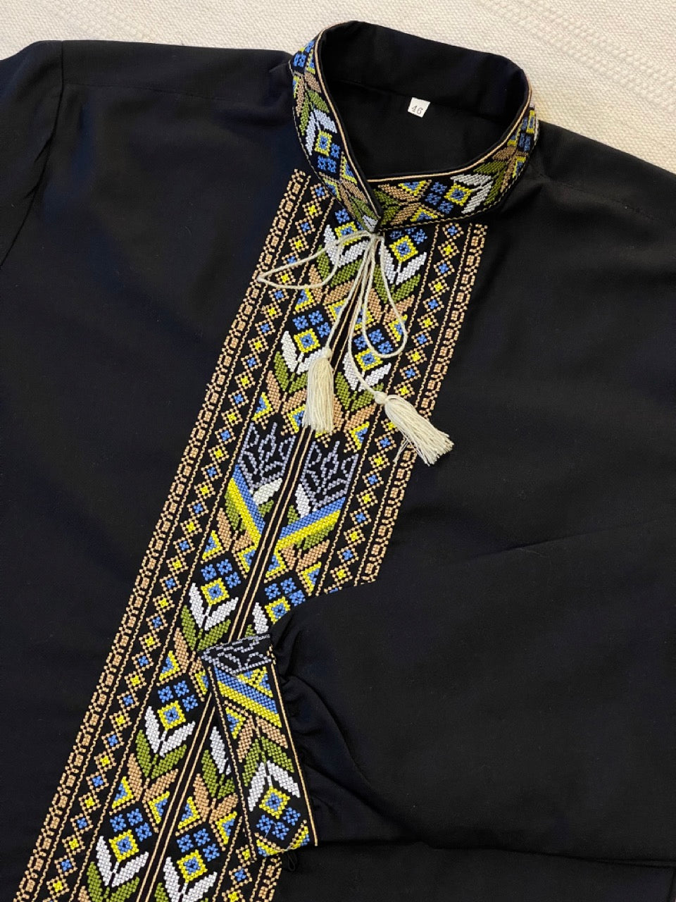 Black Men's Vyshyvanka Embroidered with Ukrainian Symbol and Flag