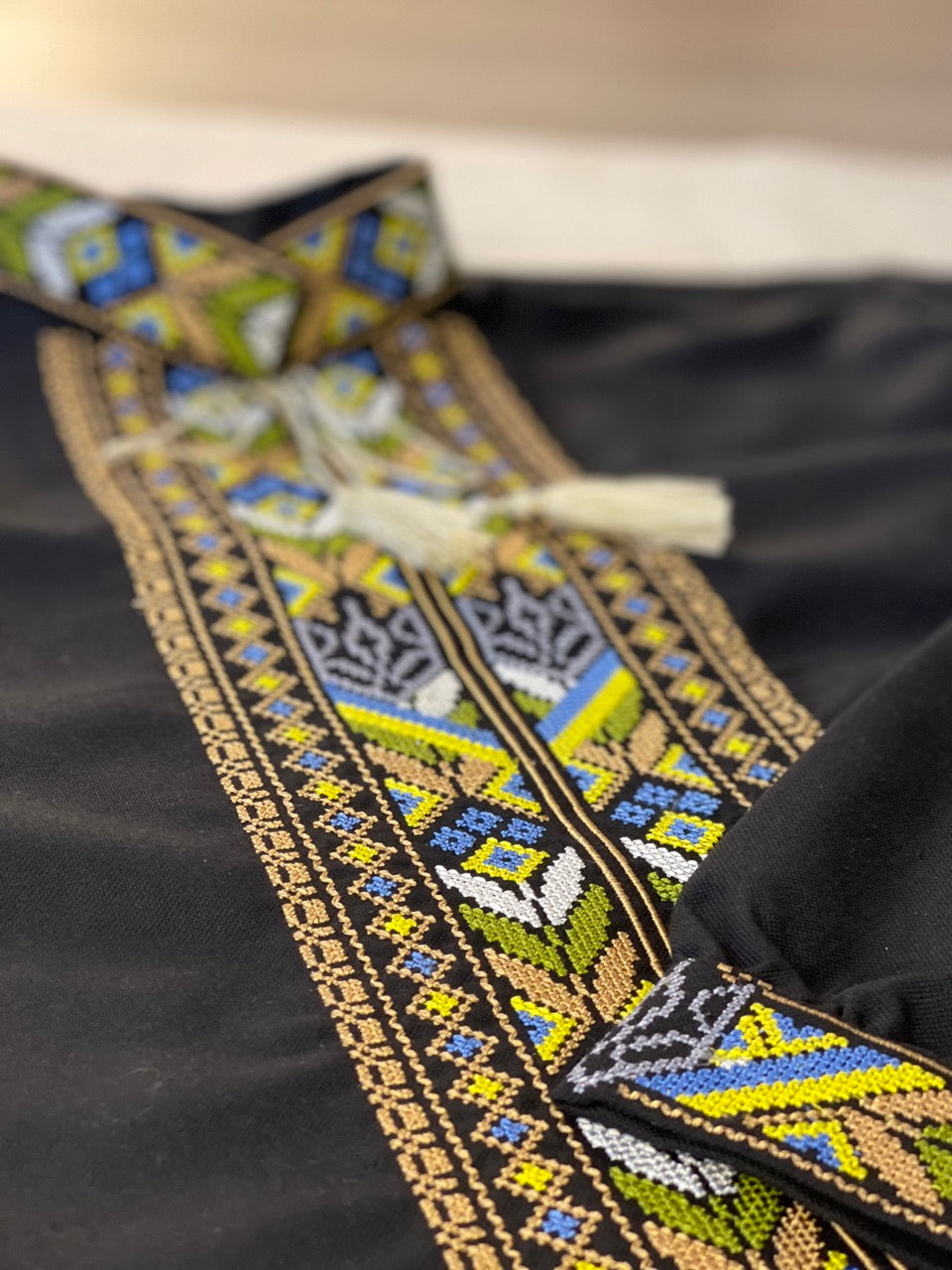 Black Men's Vyshyvanka Embroidered with Ukrainian Symbol and Flag