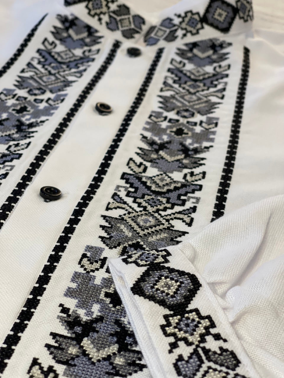 White Men's Ukrainian Vyshyvanka with Grey Embroidery