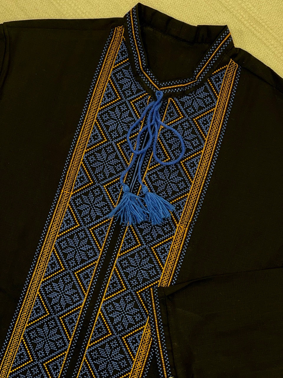 Long Sleeve Black Vyshyvanka Shirt with Blue and Yellow Embroidery