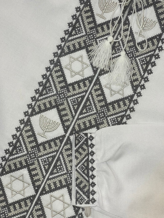 White Men's Embroidered Shirt with Jewish Symbols