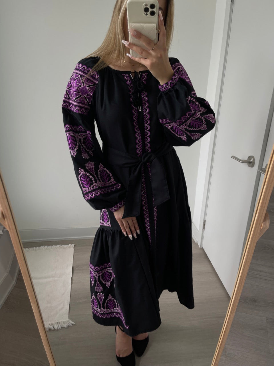 The Black Dress with Purple Embroidery The Black Dress with Purple Embroidery
