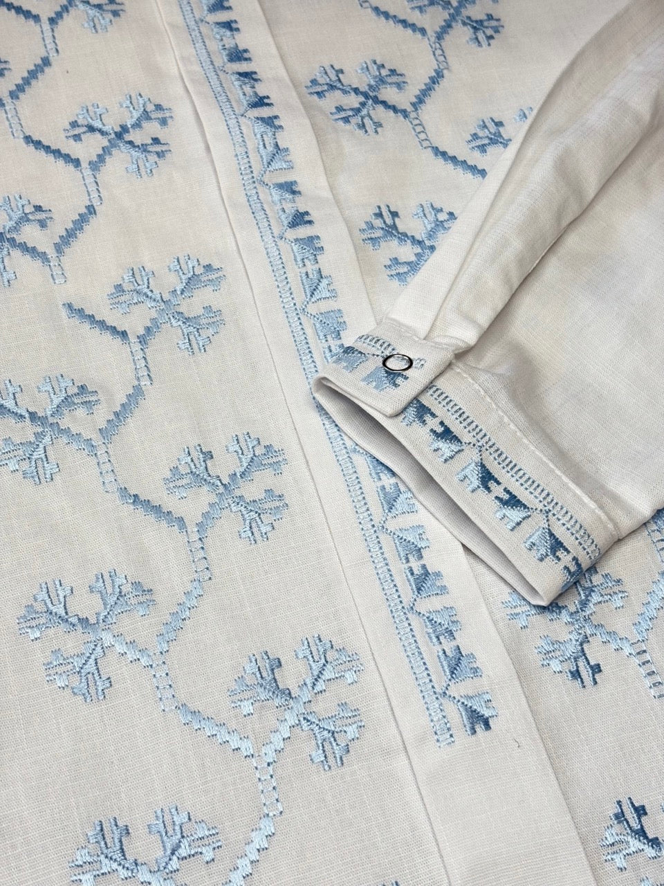White Linen Men's with Blue Embroidery