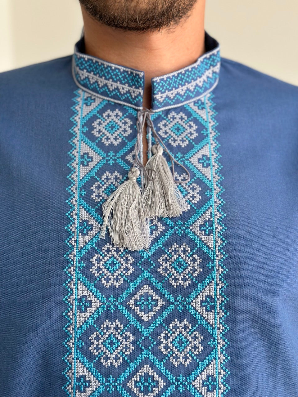 Blue Men's Vyshyvanka with Short Sleeves and Elegant Embroidery