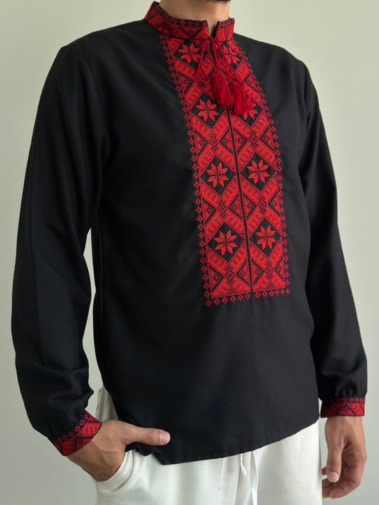 Black Men's Vyshyvanka with Red Embroidery