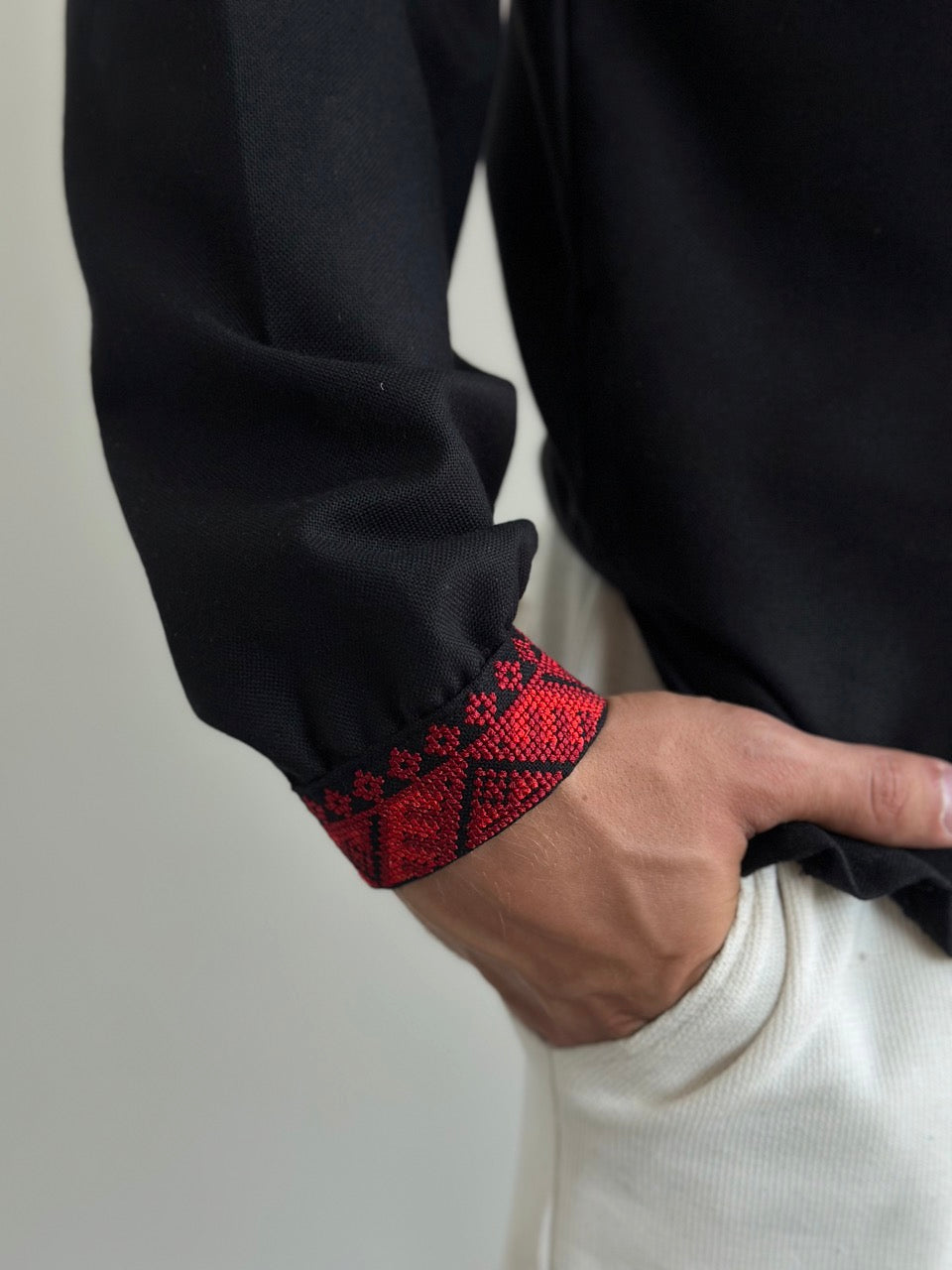 Black Men's Vyshyvanka with Red Embroidery