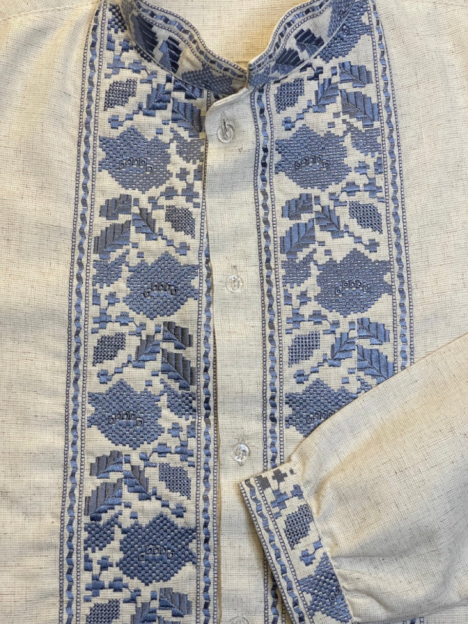 Beige Linen Men's Ukrainian Vyshyvanka with Blue Embroidery