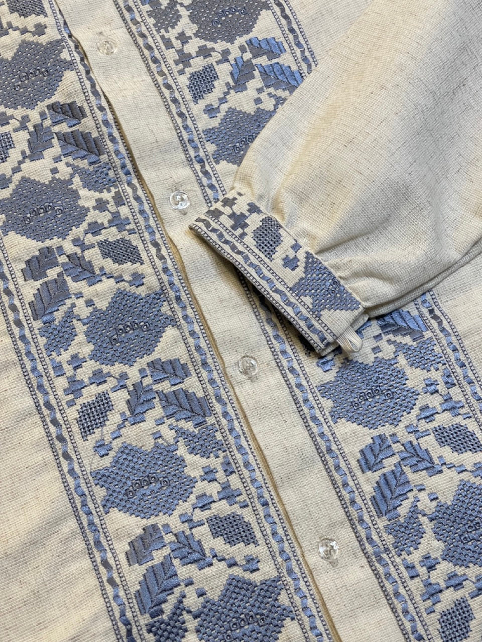 Beige Linen Men's Ukrainian Vyshyvanka with Blue Embroidery