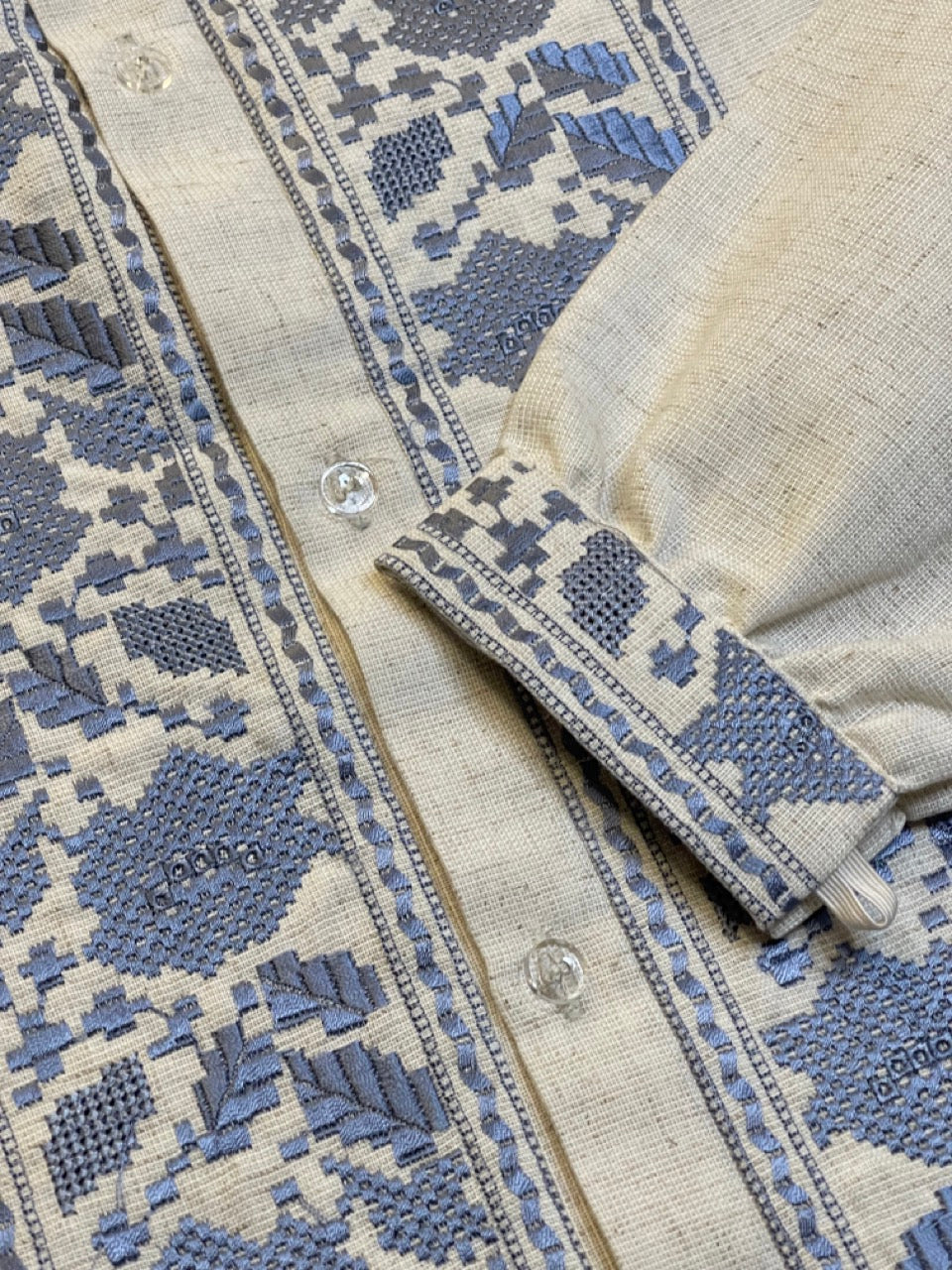 Beige Linen Men's Ukrainian Vyshyvanka with Blue Embroidery