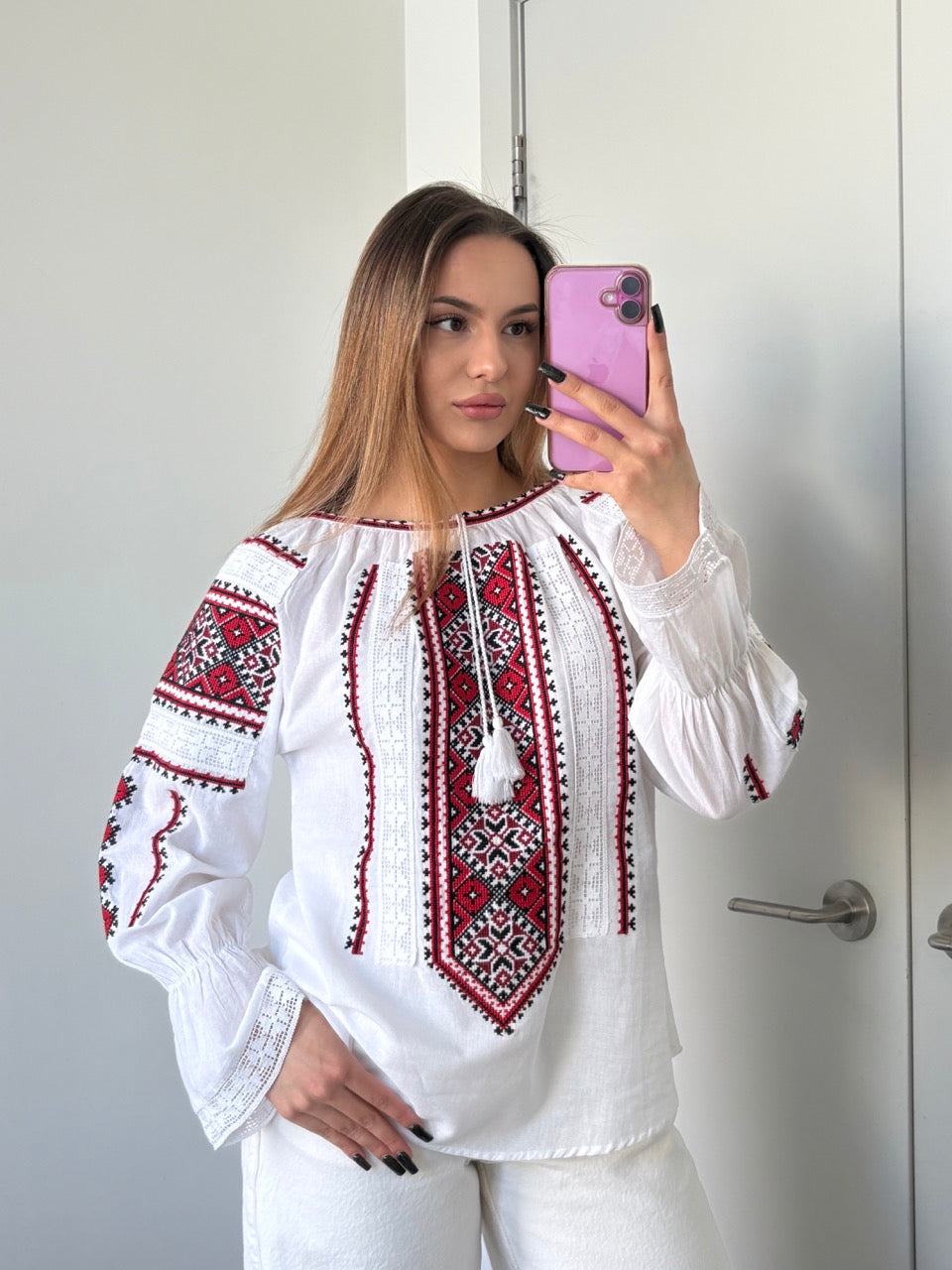 White Batiste Long Sleeve Women's Blouse with Red&Black Embroidery - Pattern 1
