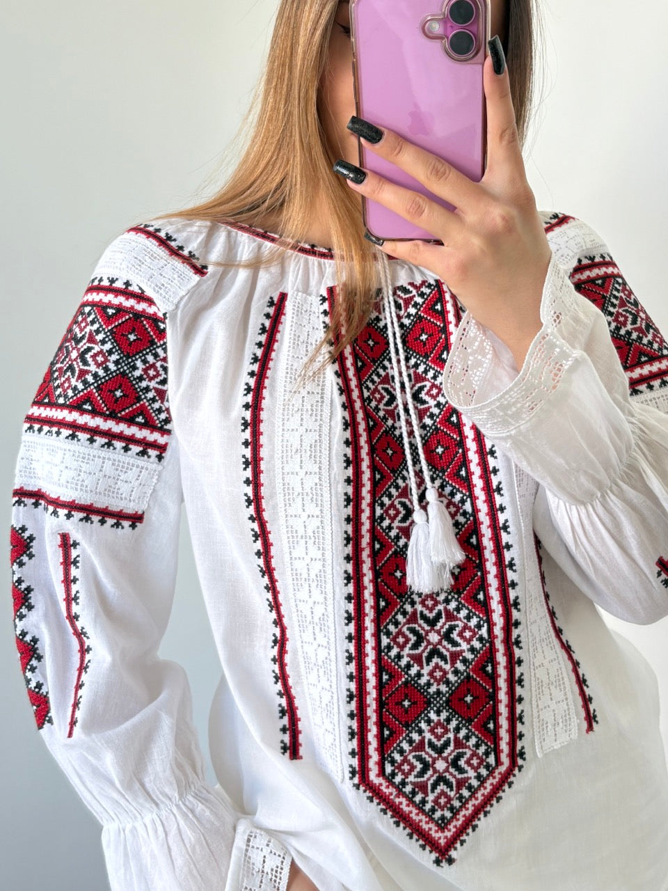 White Batiste Long Sleeve Women's Blouse with Red&Black Embroidery - Pattern 1
