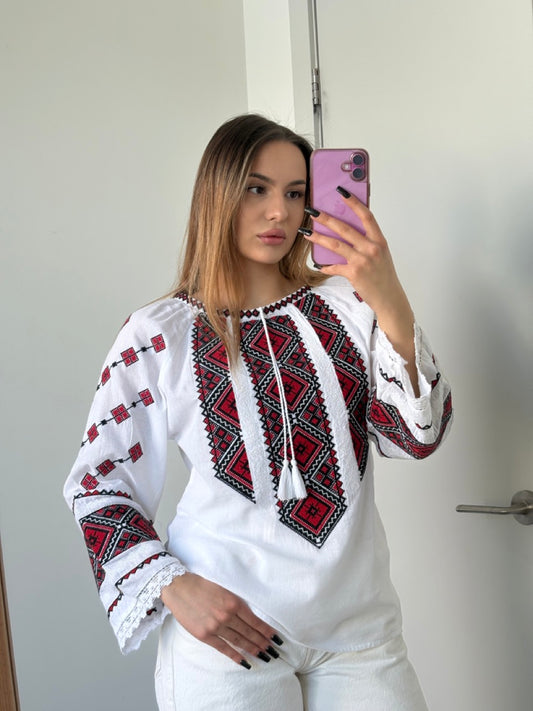 White Batiste Long Sleeve Women's Blouse with Red&Black Embroidery - Pattern 2