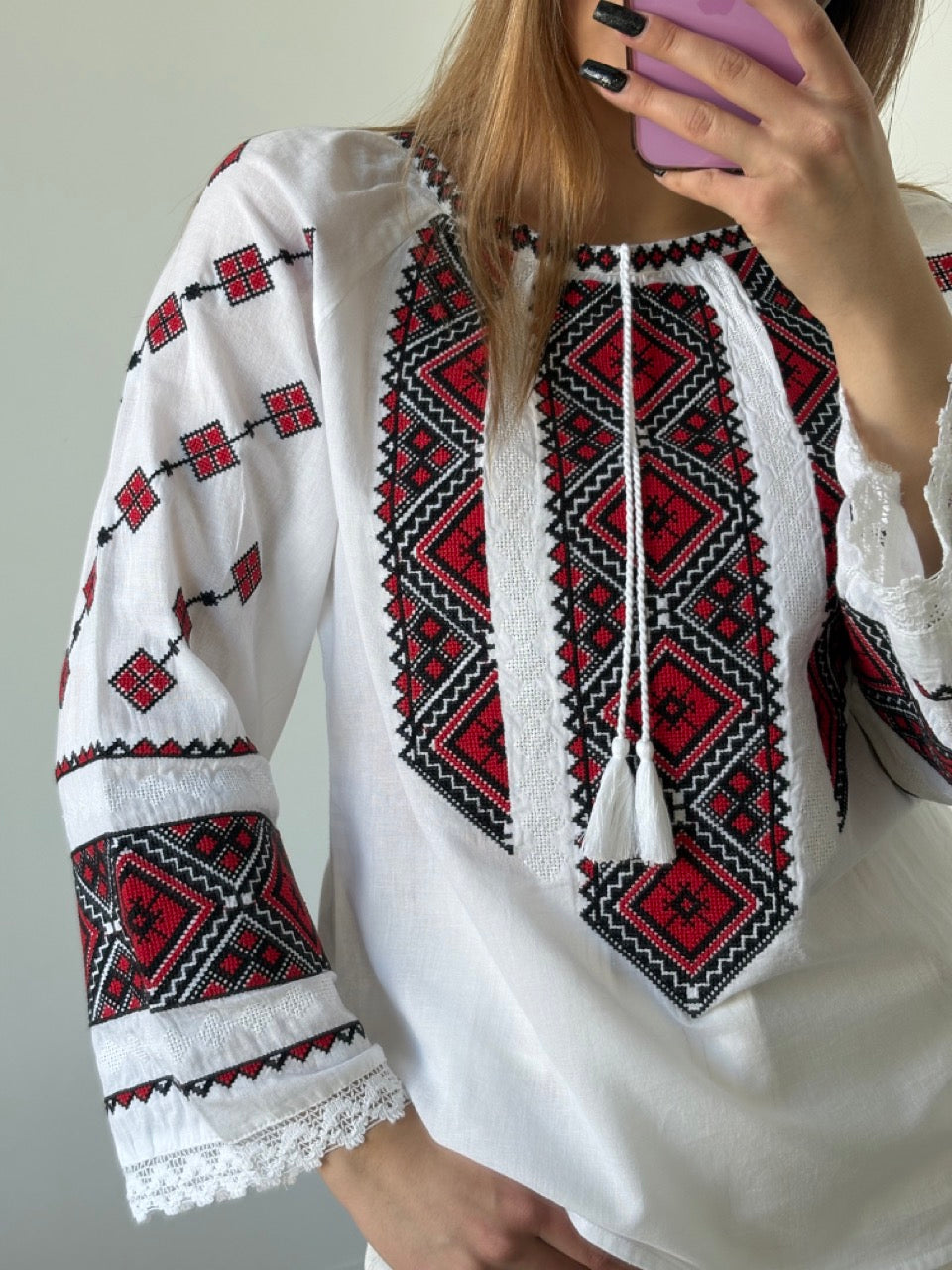 White Batiste Long Sleeve Women's Blouse with Red&Black Embroidery - Pattern 2