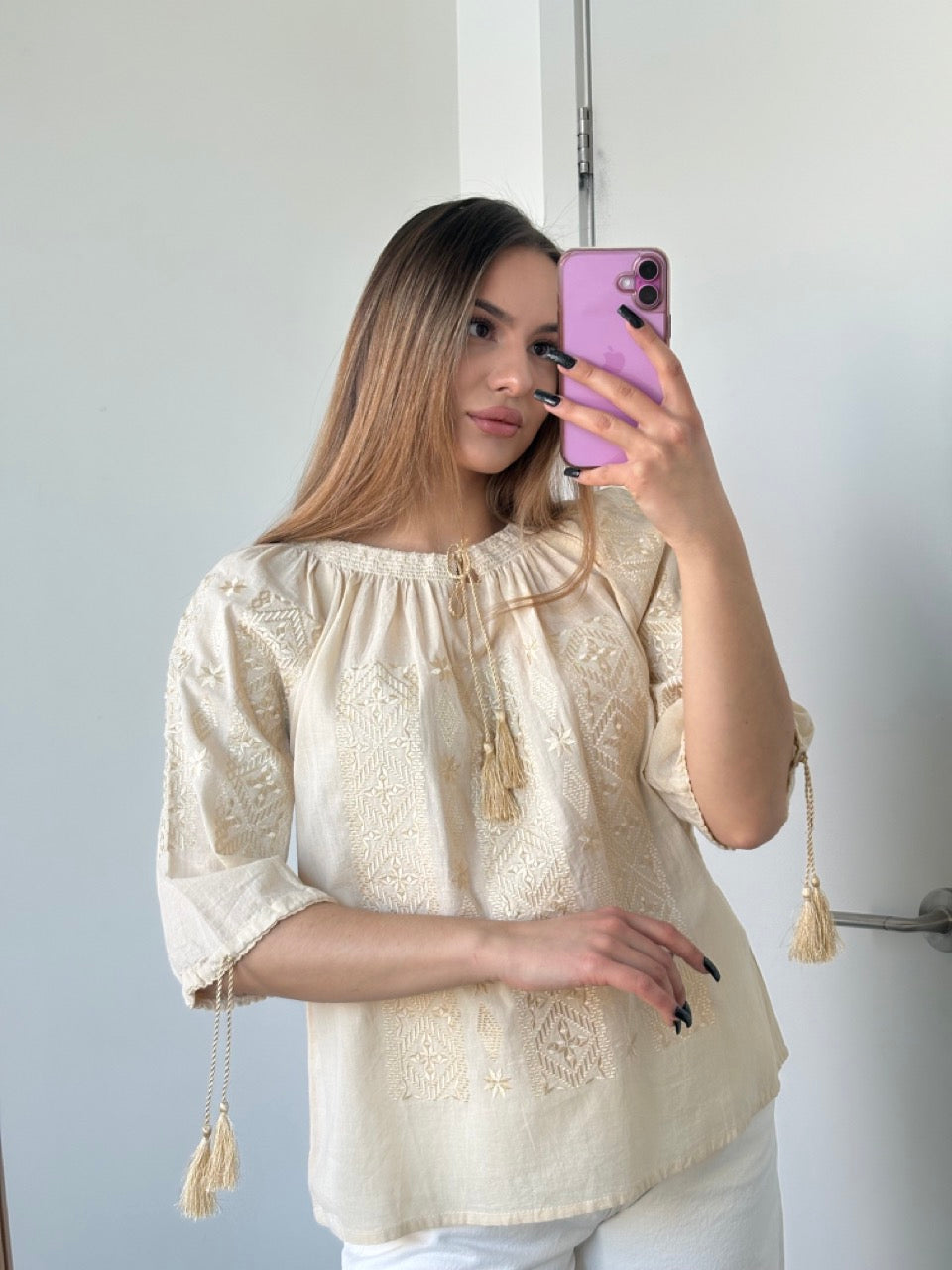 Beige Batiste 3/4 Sleeve Women's Blouse with Golden Embroidery