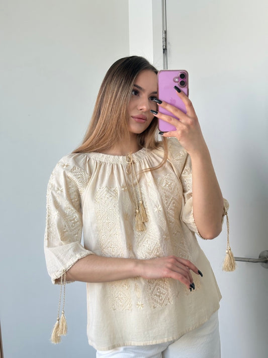Beige Batiste 3/4 Sleeve Women's Blouse with Golden Embroidery
