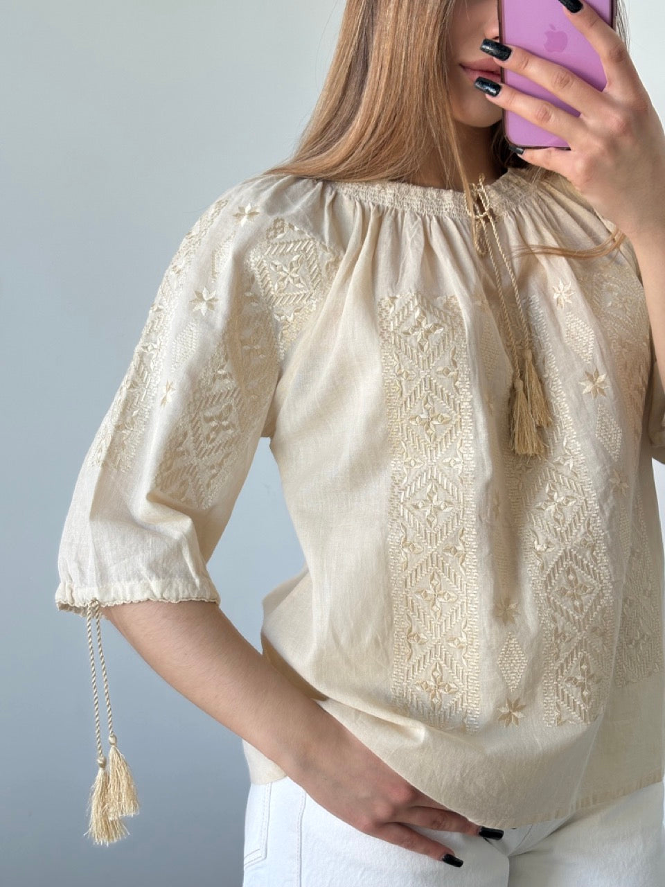 Beige Batiste 3/4 Sleeve Women's Blouse with Golden Embroidery