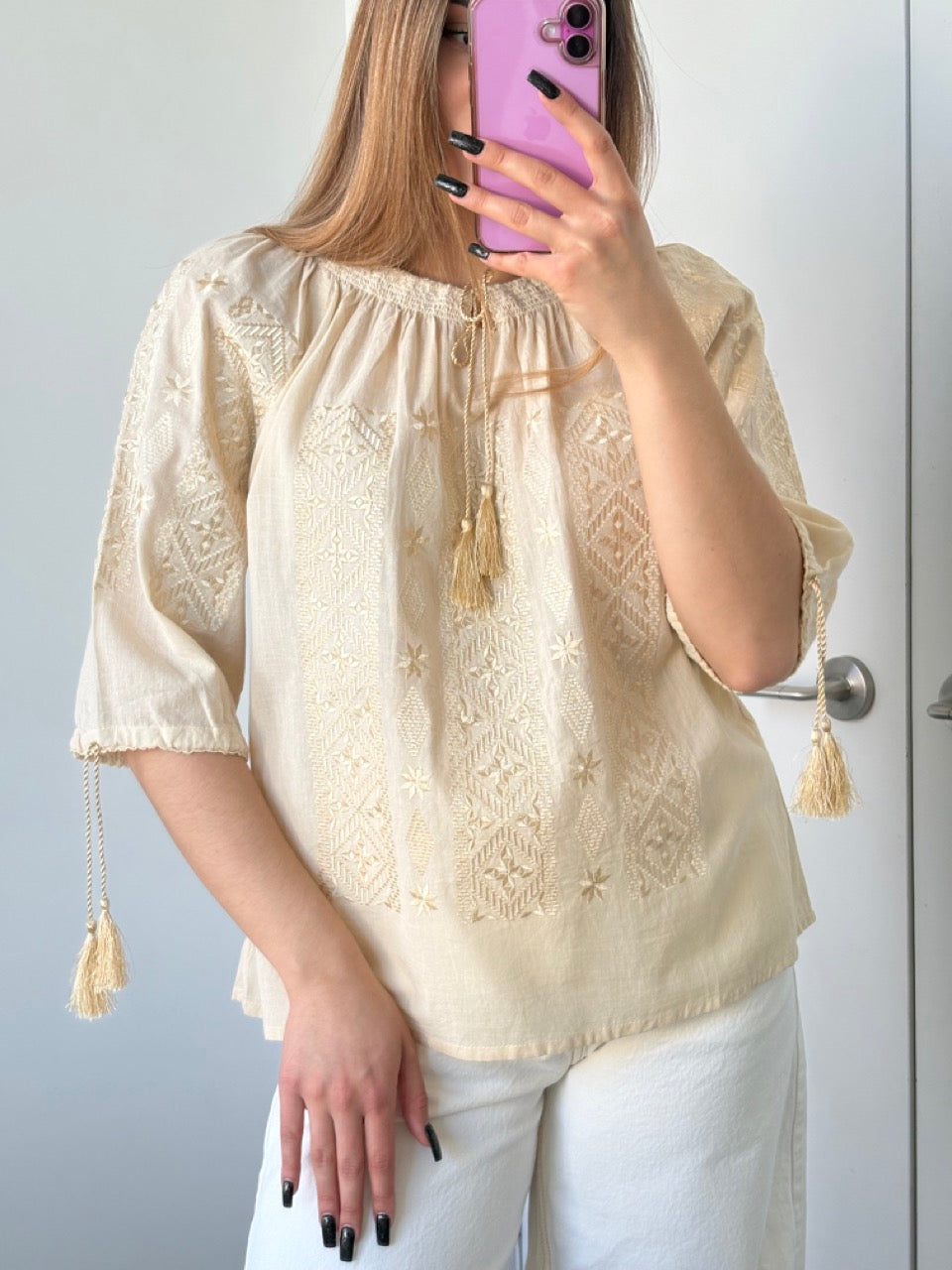 Beige Batiste 3/4 Sleeve Women's Blouse with Golden Embroidery