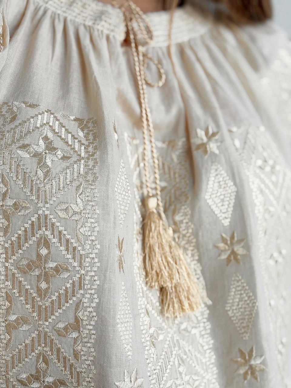 Beige Batiste 3/4 Sleeve Women's Blouse with Golden Embroidery