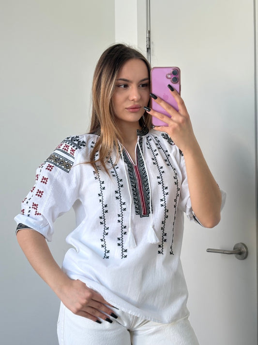 White Batiste 3/4 Sleeve Women's Blouse with Red&Black Embroidery - Pattern 2