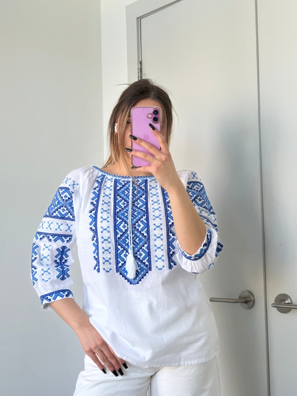 Beige Batiste 3/4 Sleeve Women's Blouse with Blue Embroidery