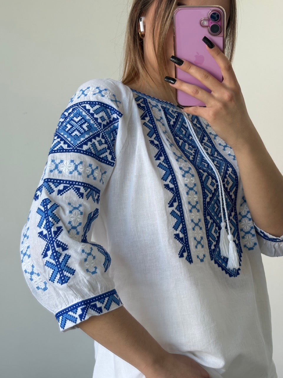 Beige Batiste 3/4 Sleeve Women's Blouse with Blue Embroidery