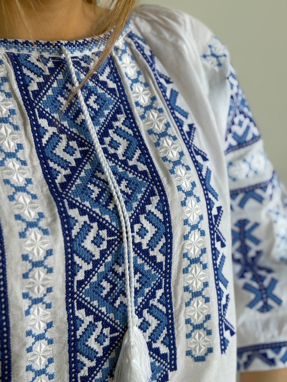 Beige Batiste 3/4 Sleeve Women's Blouse with Blue Embroidery