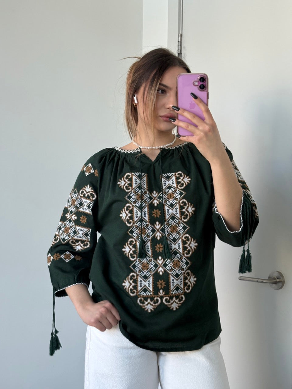 Green Batiste 3/4 Sleeve Women's Blouse with White&Brown Embroidery